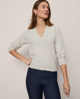 Vinci Leather Cream Speckle Cashmere V-Neck Sweater