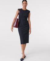 Vinci Leather Navy Woven Pin Dot The Dotted Crew Neck Sheath Dress