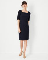Vinci Leather Deep Navy Sky The Elbow Sleeve Square Neck Dress in Seasonless Stretch