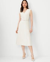 Vinci Leather Ivory Whisper The Belted V-Neck Midi Dress in Fluid Crepe