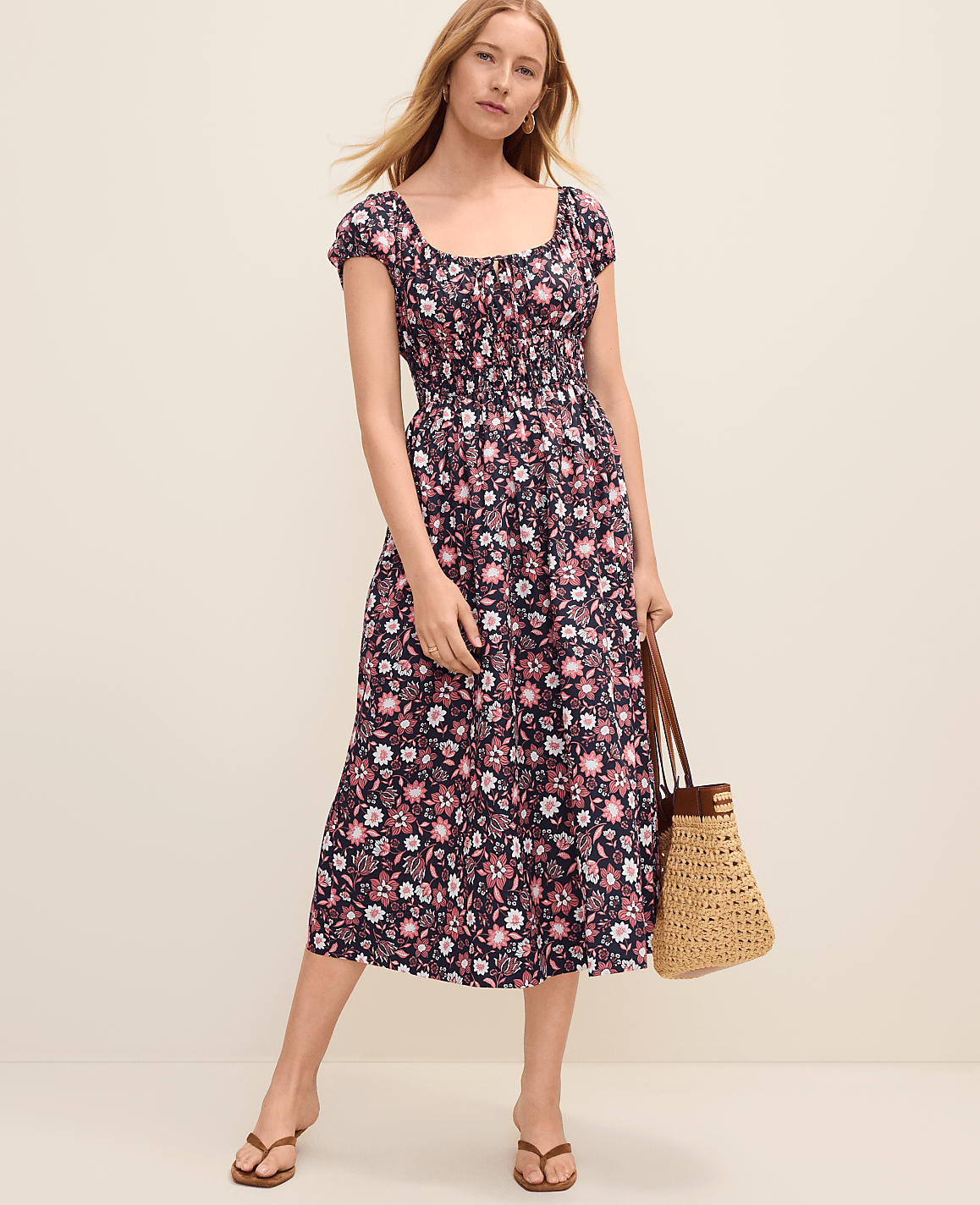 Ann Taylor Night Sky B Petite Weekend Floral Smocked Midi Dress