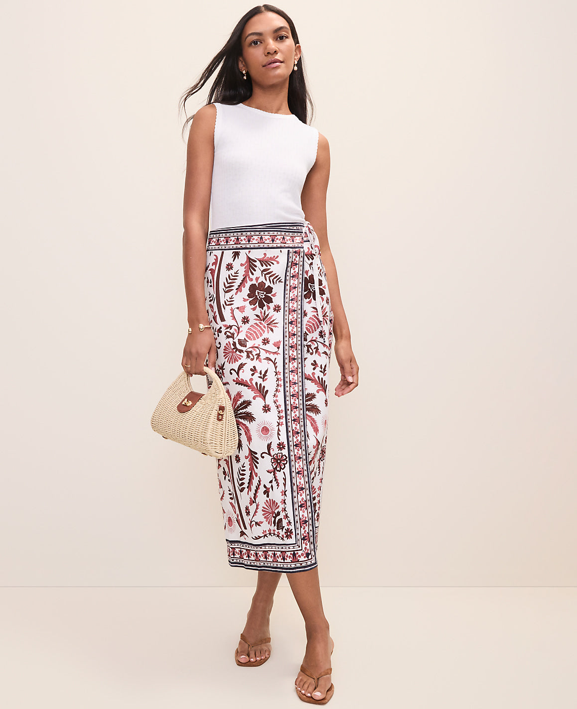 Ann Taylor Rich Walnut Petite Weekend Palm Tree Print Sarong Midi Skirt in Linen Blend