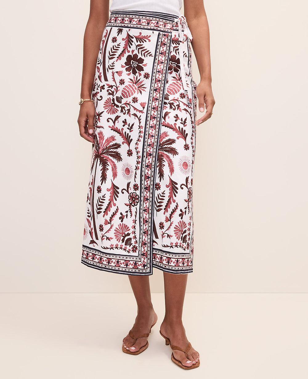 Ann Taylor Rich Walnut Petite Weekend Palm Tree Print Sarong Midi Skirt in Linen Blend
