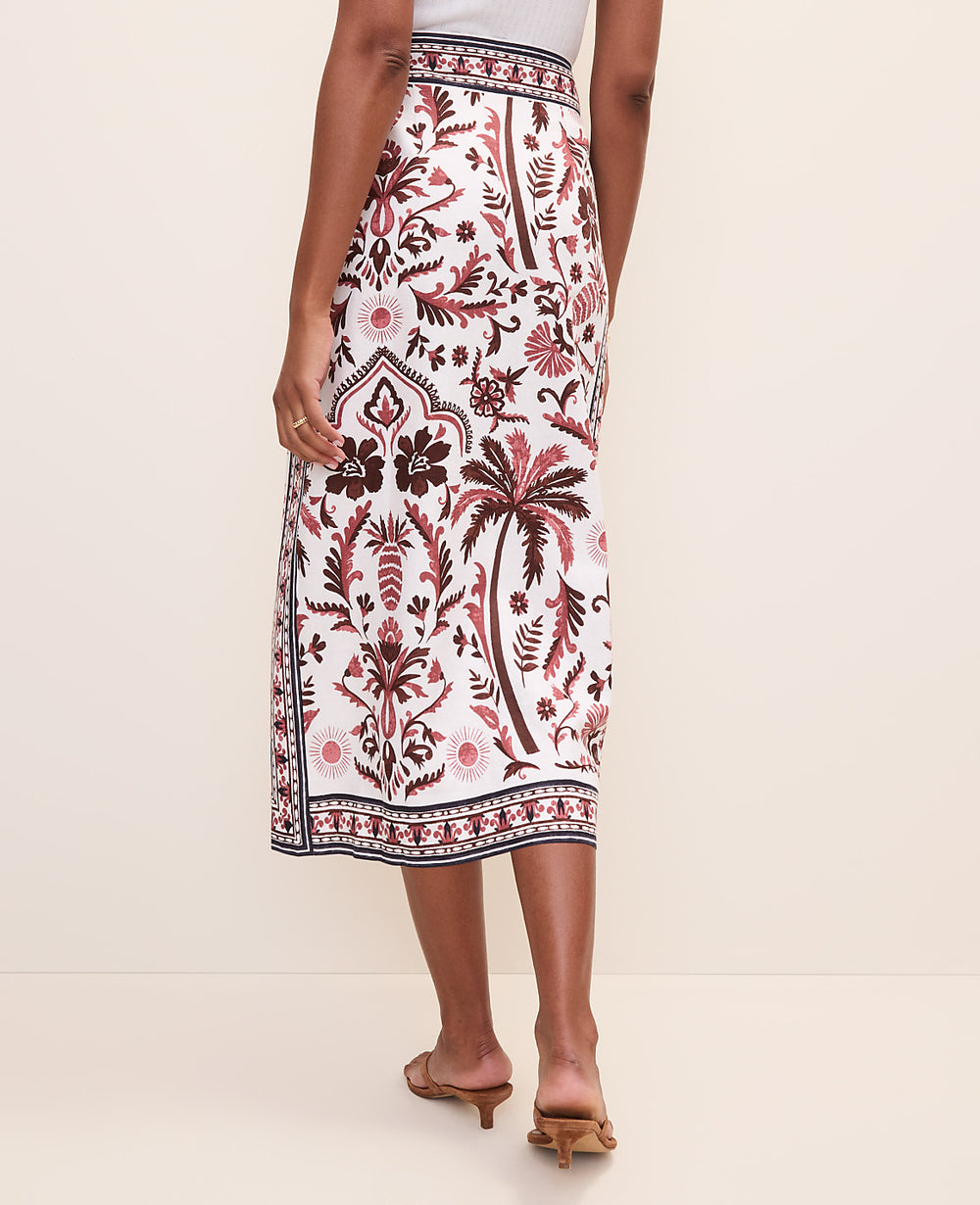 Ann Taylor Rich Walnut Petite Weekend Palm Tree Print Sarong Midi Skirt in Linen Blend