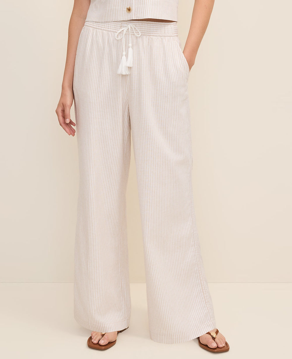 Ann Taylor Sail Cloth Petite Weekend Striped Easy Fit Wide-Leg Pant in Linen Blend