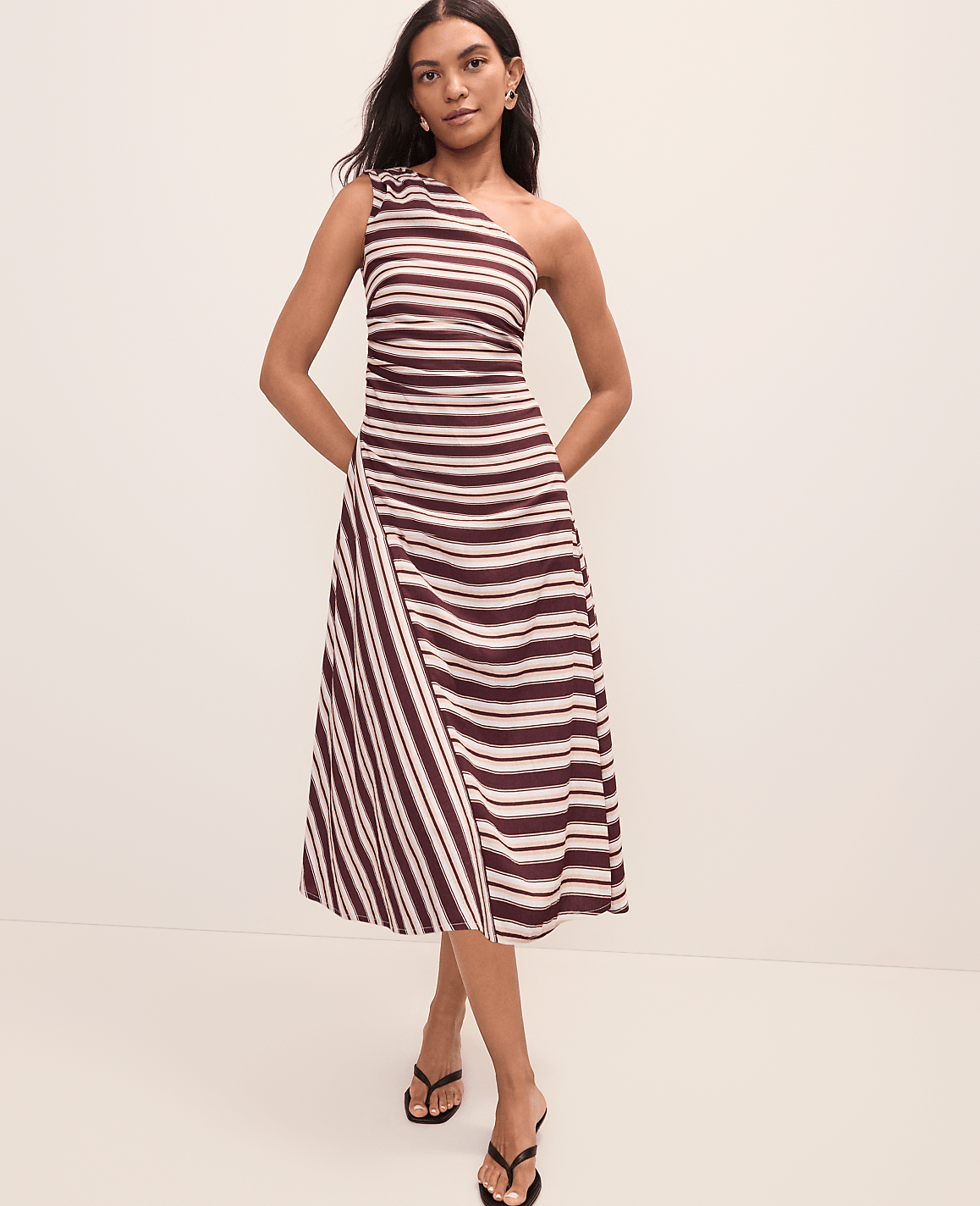 Ann Taylor Rich Walnut Petite Weekend Striped One-Shoulder Midi Dress