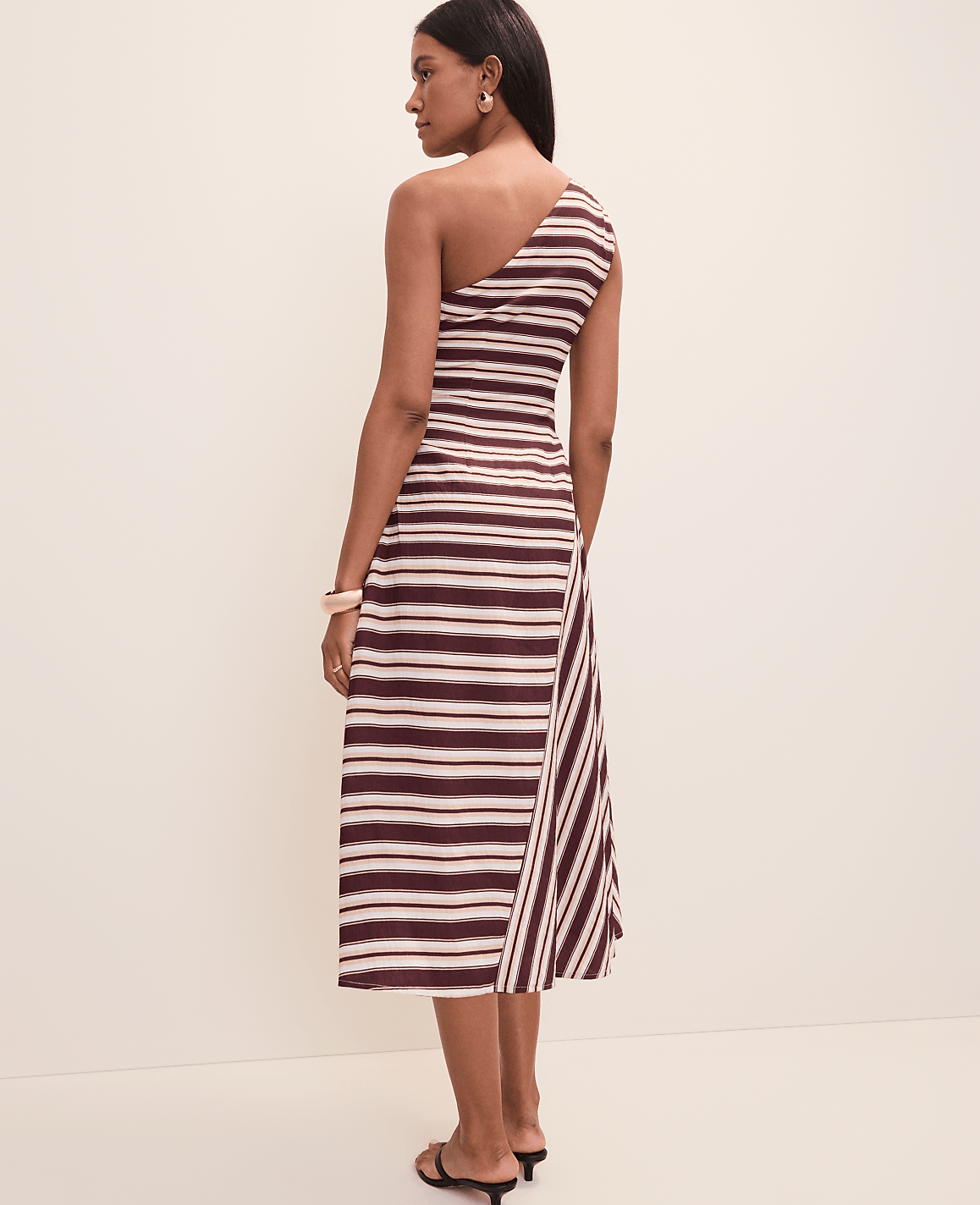Ann Taylor Rich Walnut Petite Weekend Striped One-Shoulder Midi Dress