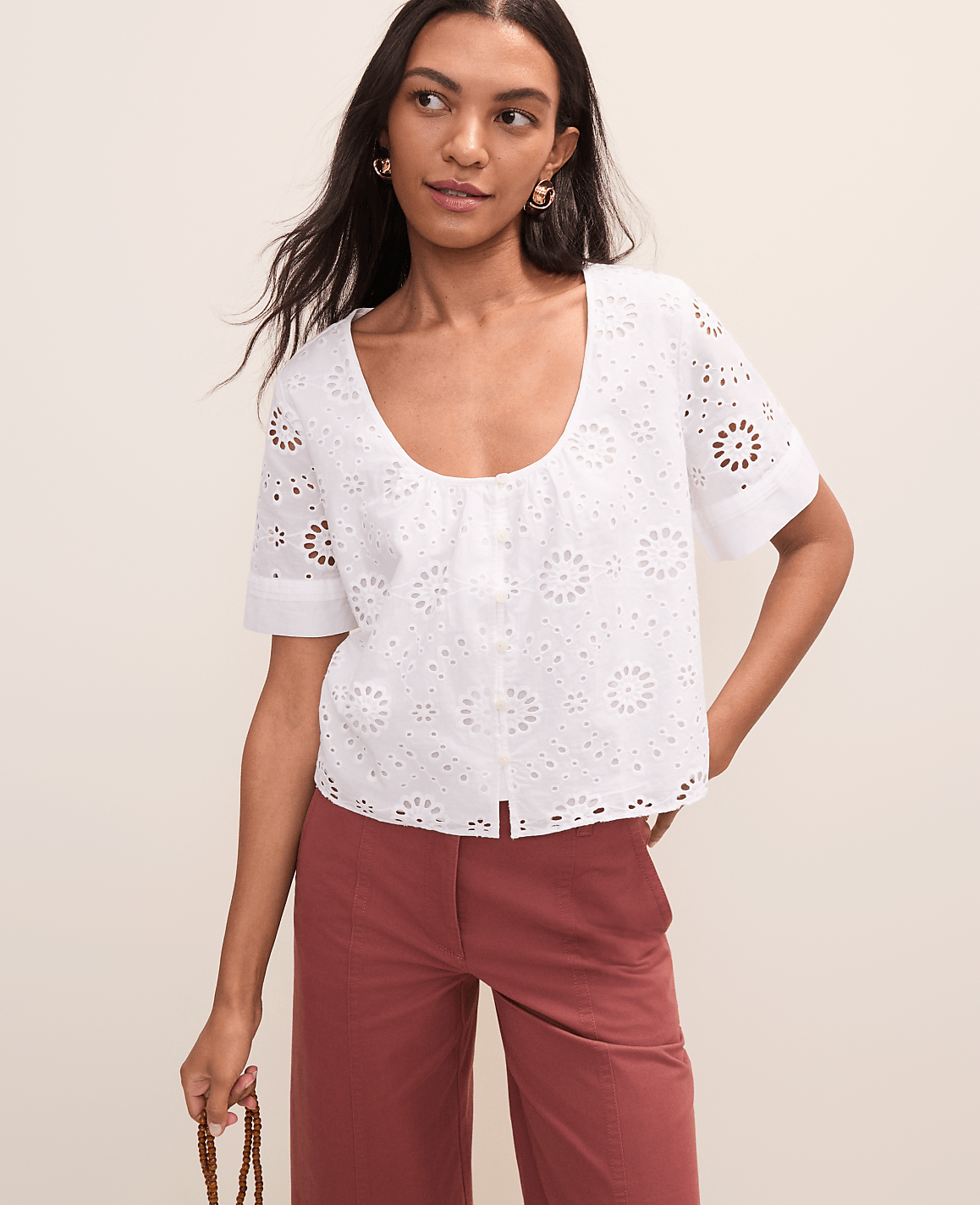 Ann Taylor White Petite Weekend Eyelet Scoop Neck Blouse