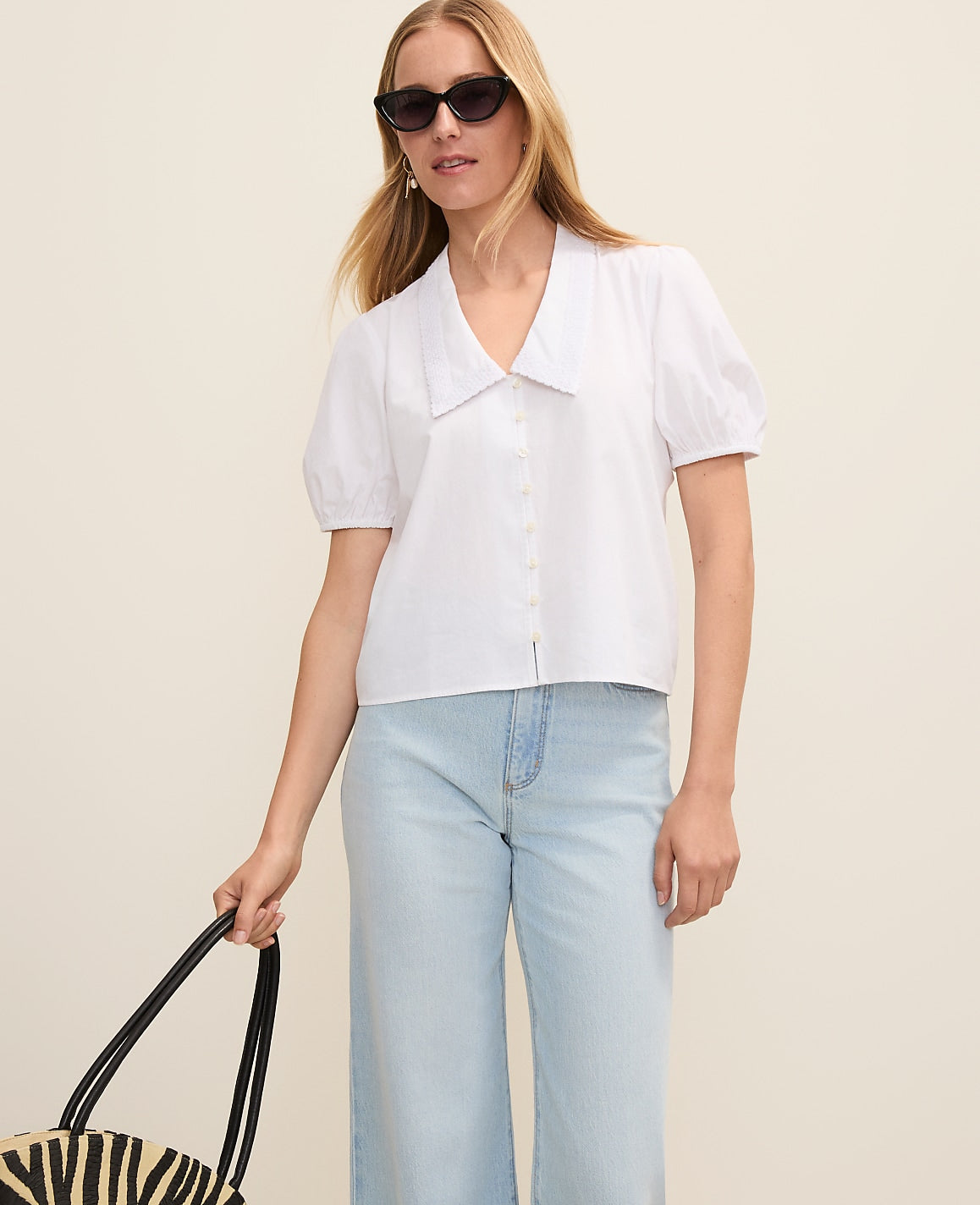 Ann Taylor White Petite Weekend Lace Trim Blouse