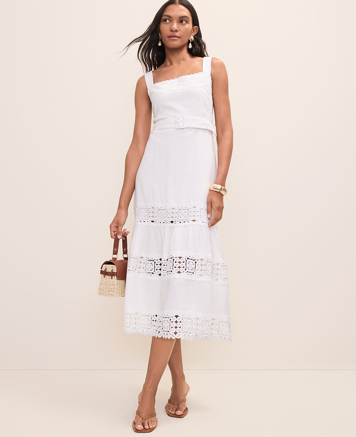 Ann Taylor White Petite Tiered Midi Dress in Linen Blend