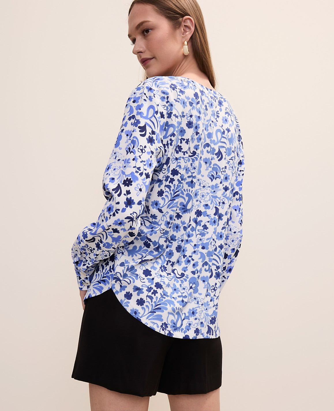 Ann Taylor Winter White - Pure Ink Petite Paisley Mixed Media Pleat Front Top