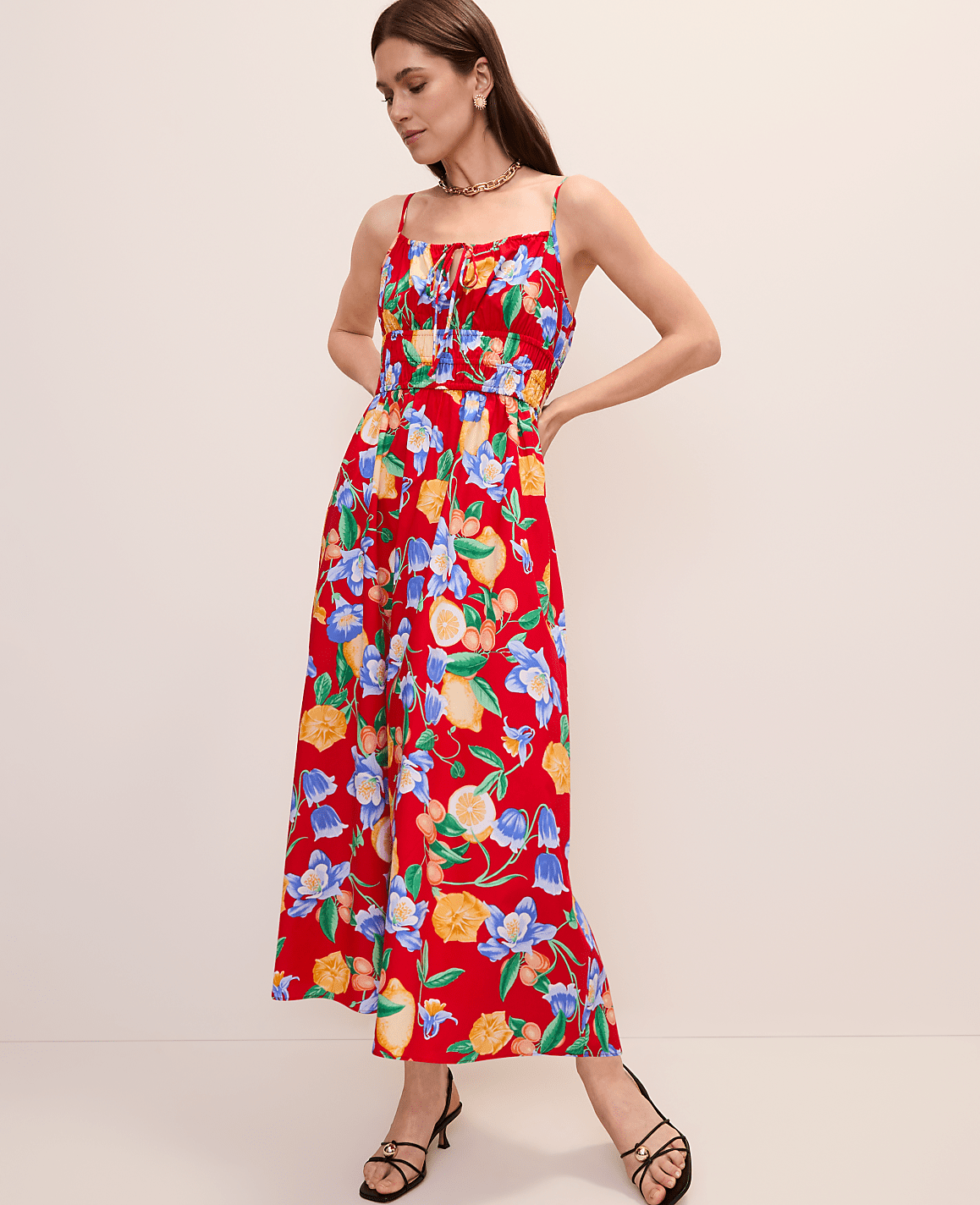 Ann Taylor Bright Cherry Petite Floral Gathered Maxi Dress