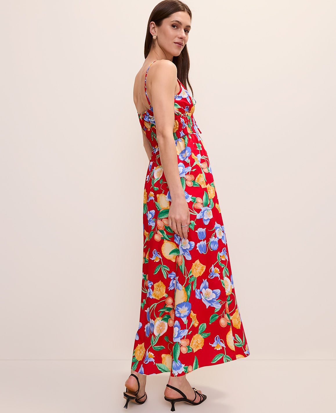 Ann Taylor Bright Cherry Petite Floral Gathered Maxi Dress