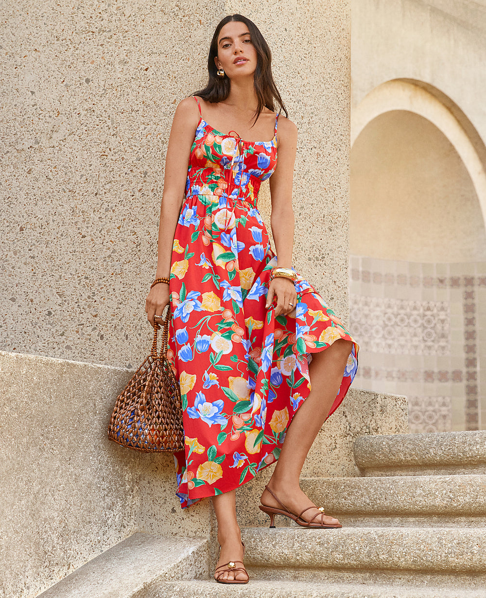 Ann Taylor Bright Cherry Petite Floral Gathered Maxi Dress