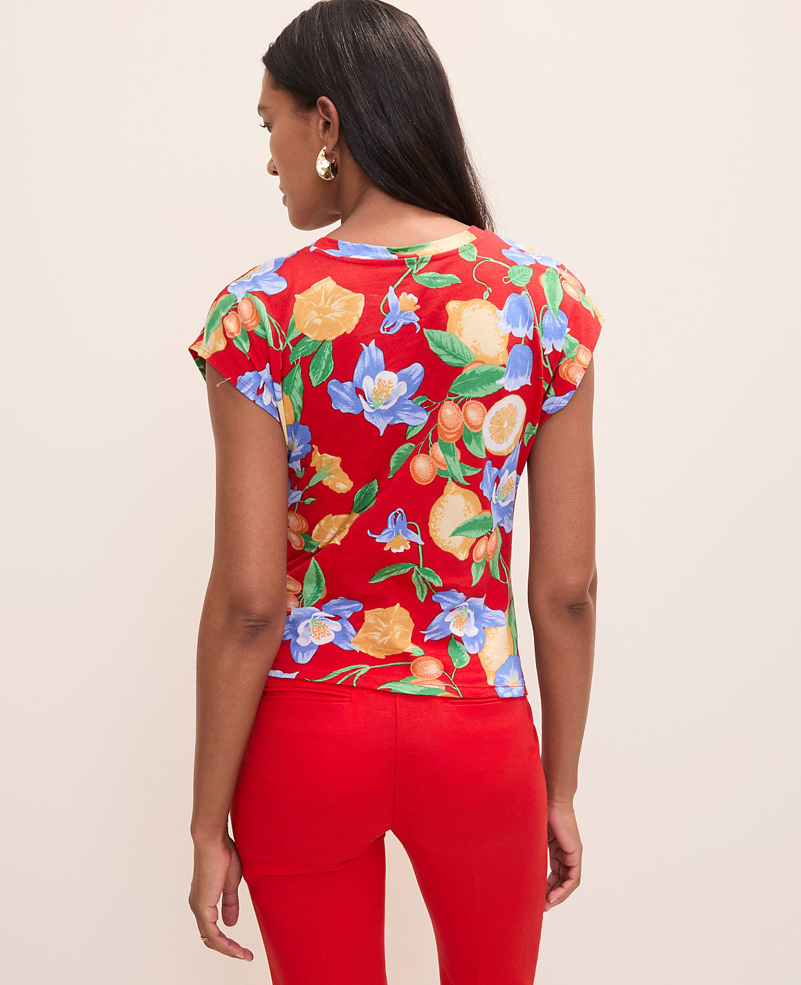Ann Taylor Bright Cherry B Petite Floral Tie Waist Tee