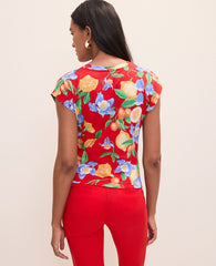 Ann Taylor Bright Cherry B Petite Floral Tie Waist Tee