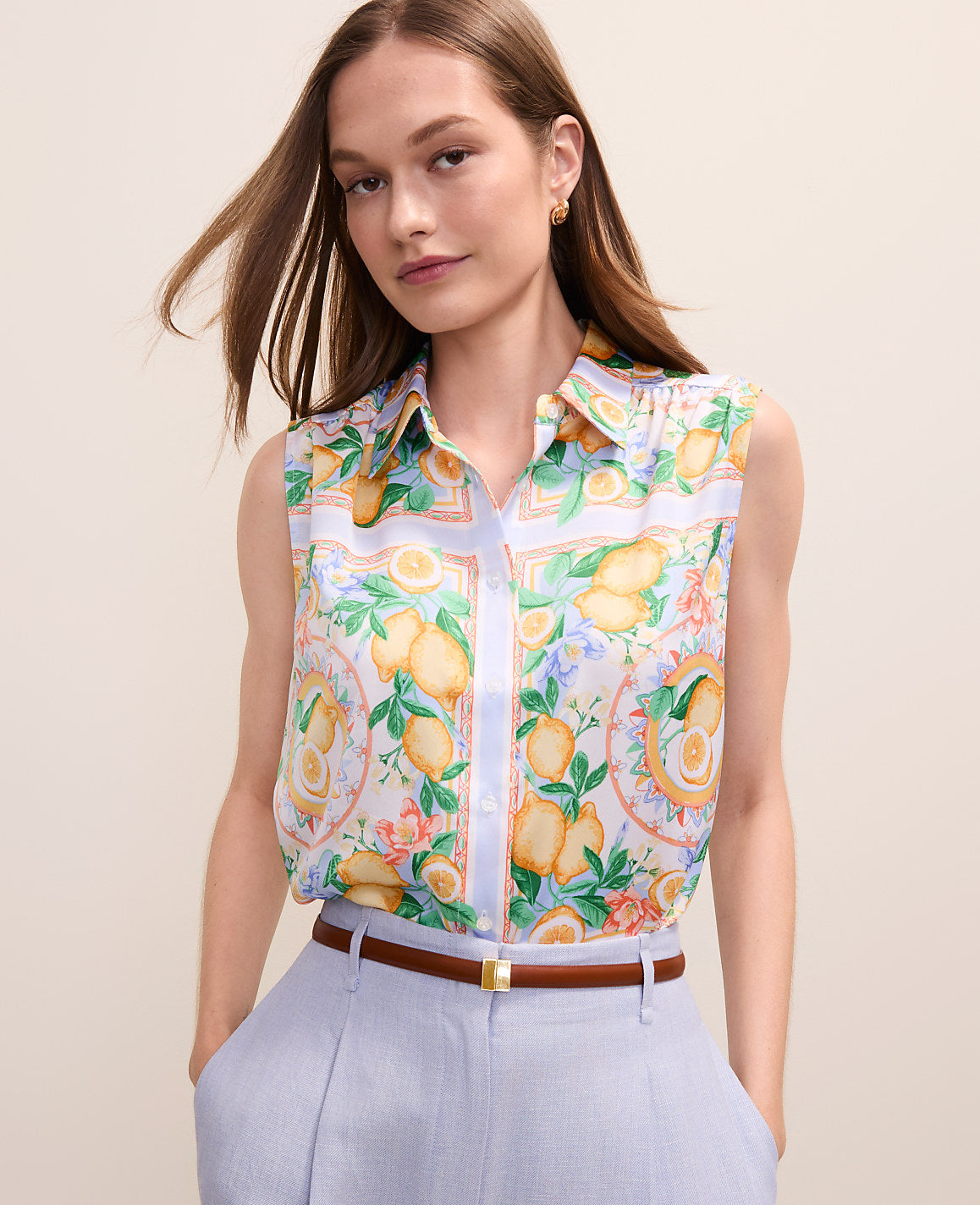 Ann Taylor Multi-Please Use B Version Petite Lemon Print Sleeveless Collar Shirt