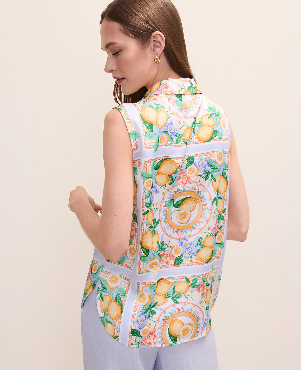 Ann Taylor Multi-Please Use B Version Petite Lemon Print Sleeveless Collar Shirt