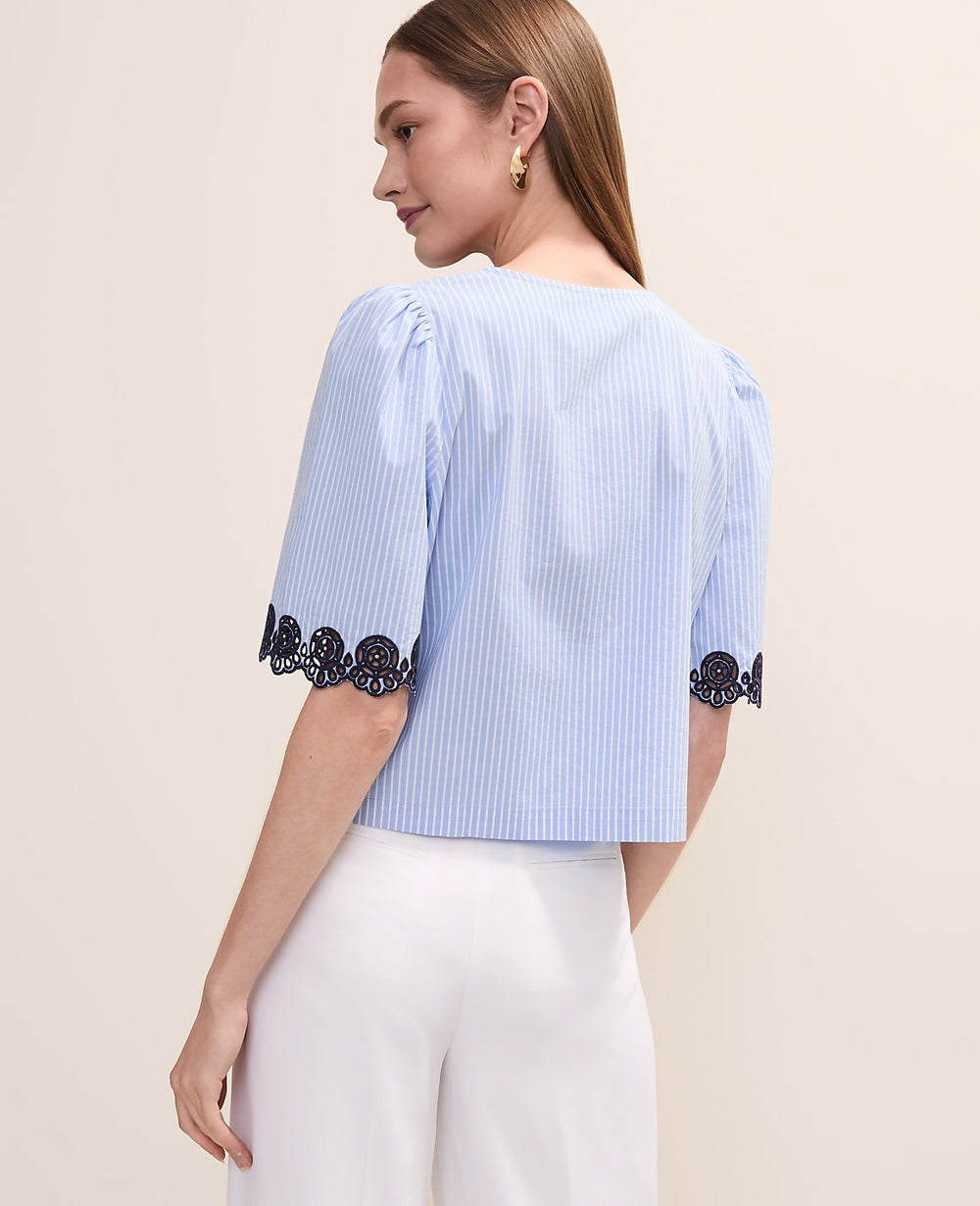 Ann Taylor Vista Blue Petite Striped Tie Front Top