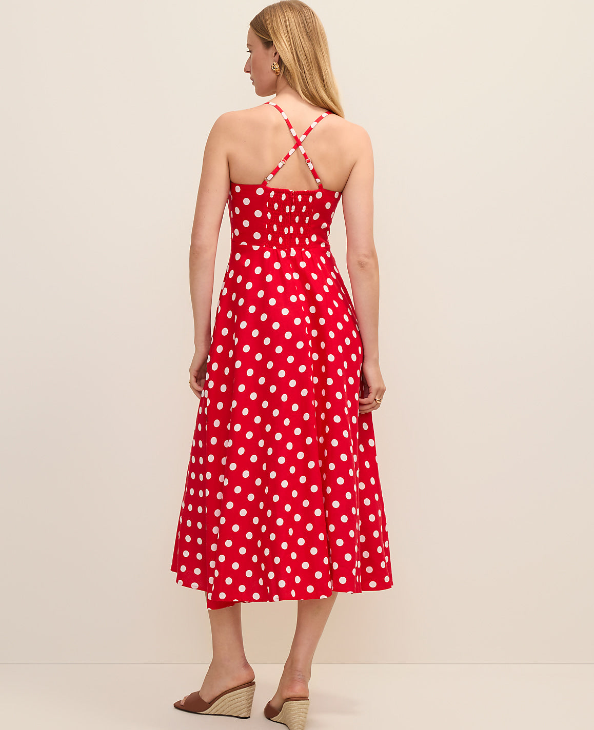 Ann Taylor Bright Cherry Petite Polka Dot Midi Dress in Linen Blend