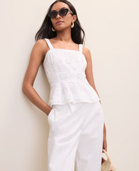 Ann Taylor White Petite Eyelet Peplum Top