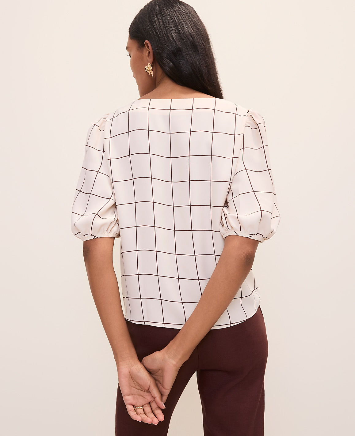 Ann Taylor Rich Walnut Petite Windowpane Boatneck Popover