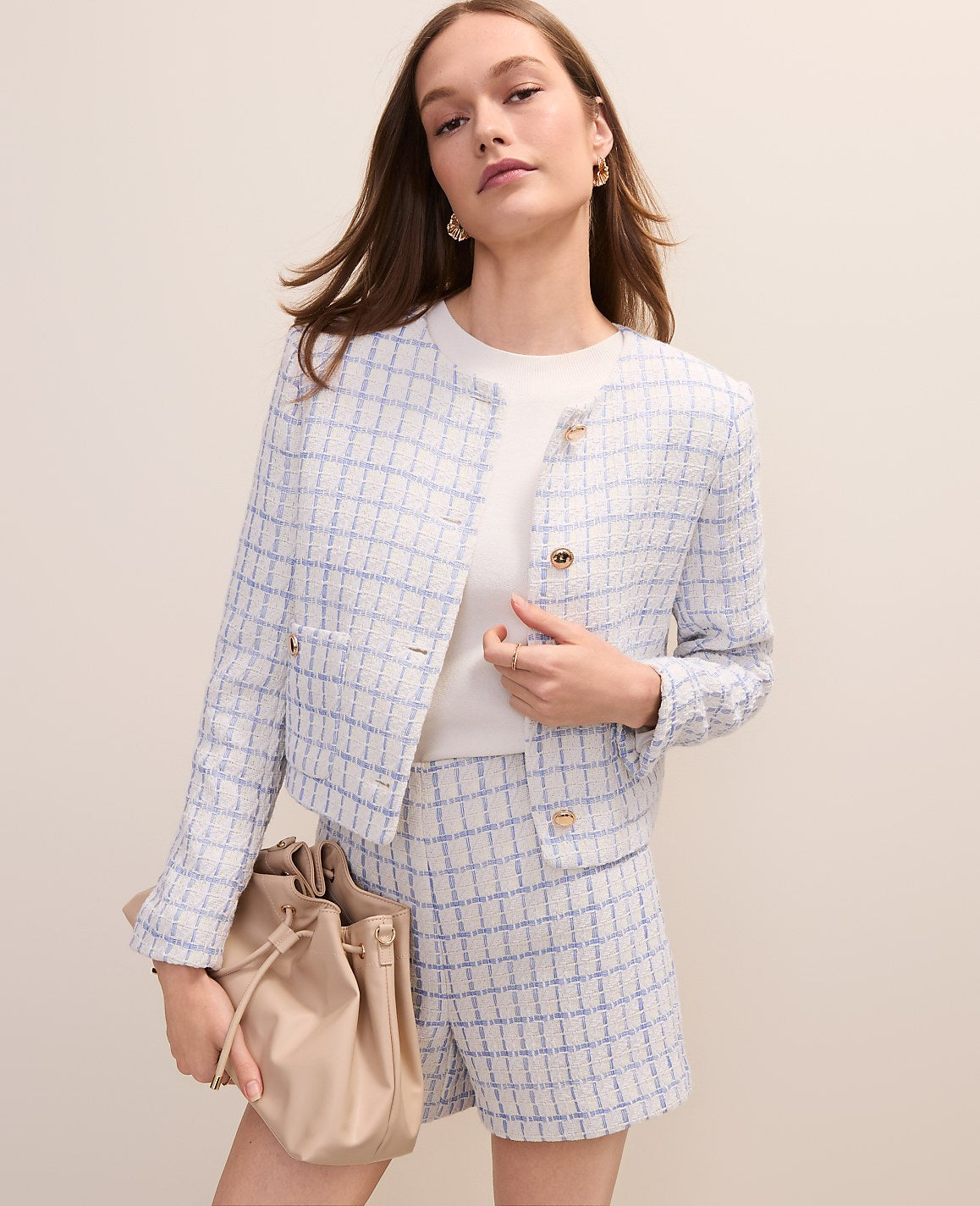 Ann Taylor Neutral/Blue Combo Petite Patch Pocket Jacket in Tweed