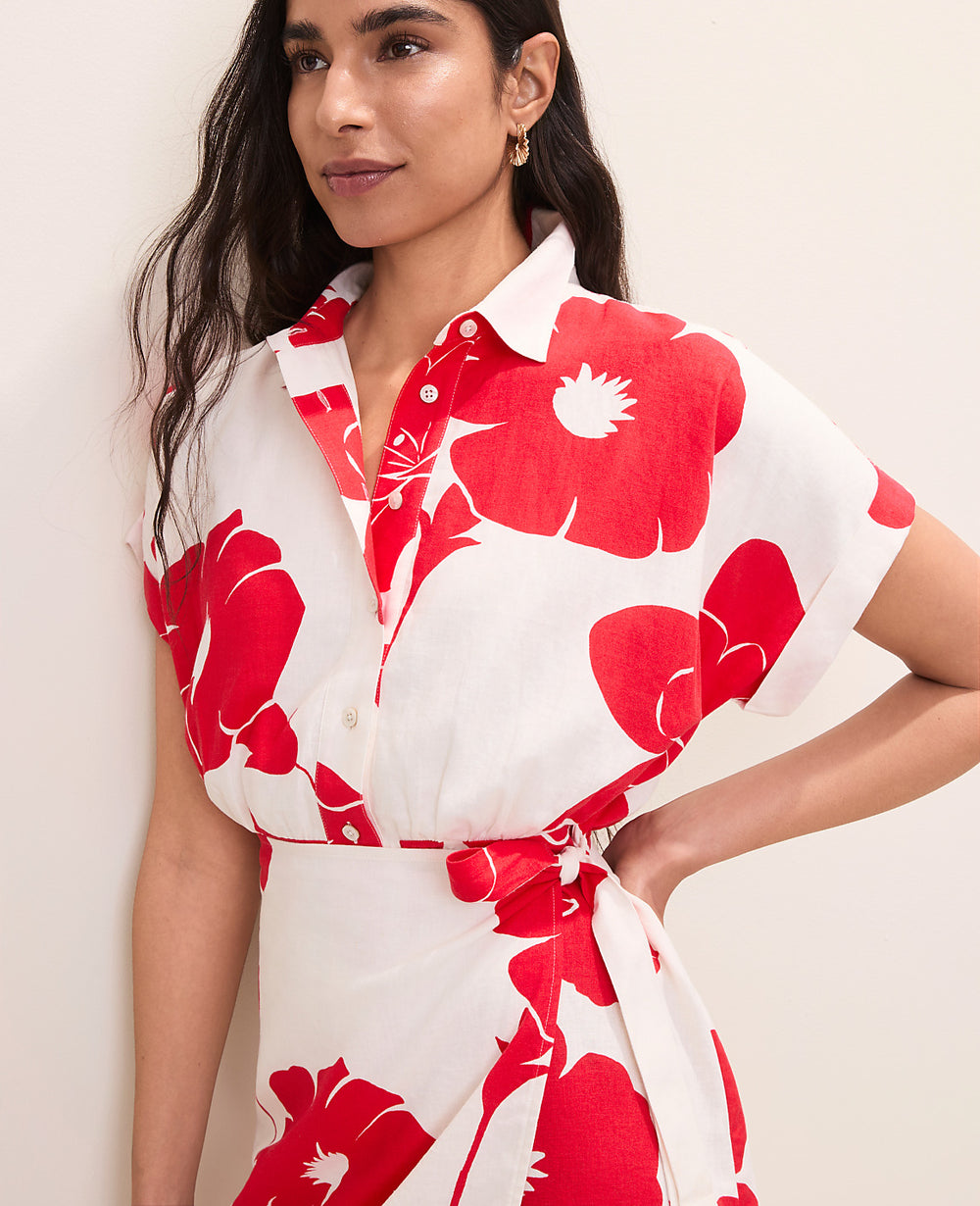 Ann Taylor Bright Cherry Floral Collared Shift Dress in Linen Blend