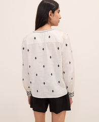 Ann Taylor Winter White Embroidered Split Neck Blouse