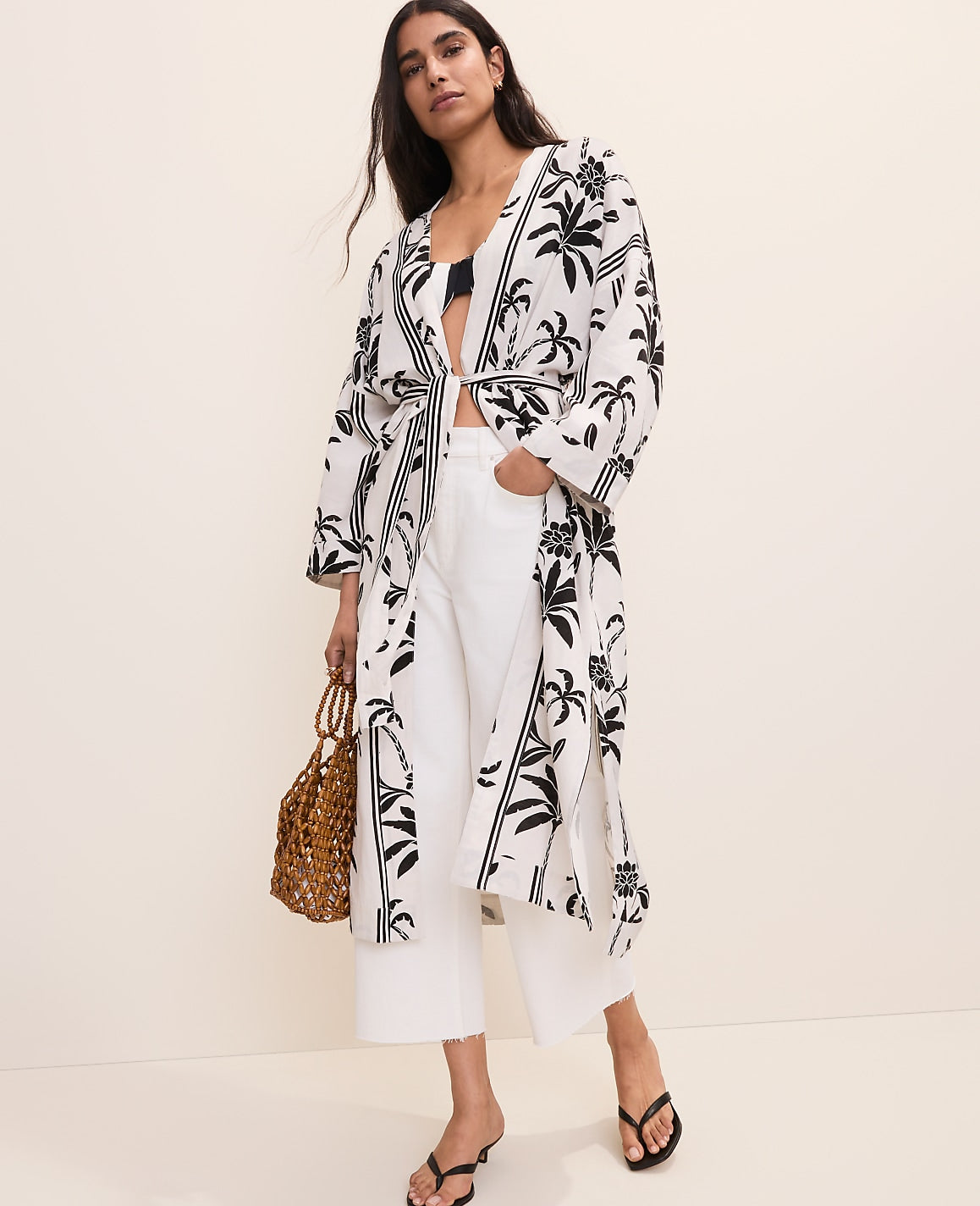 Ann Taylor Winter White Palm Tree Belted Kimono