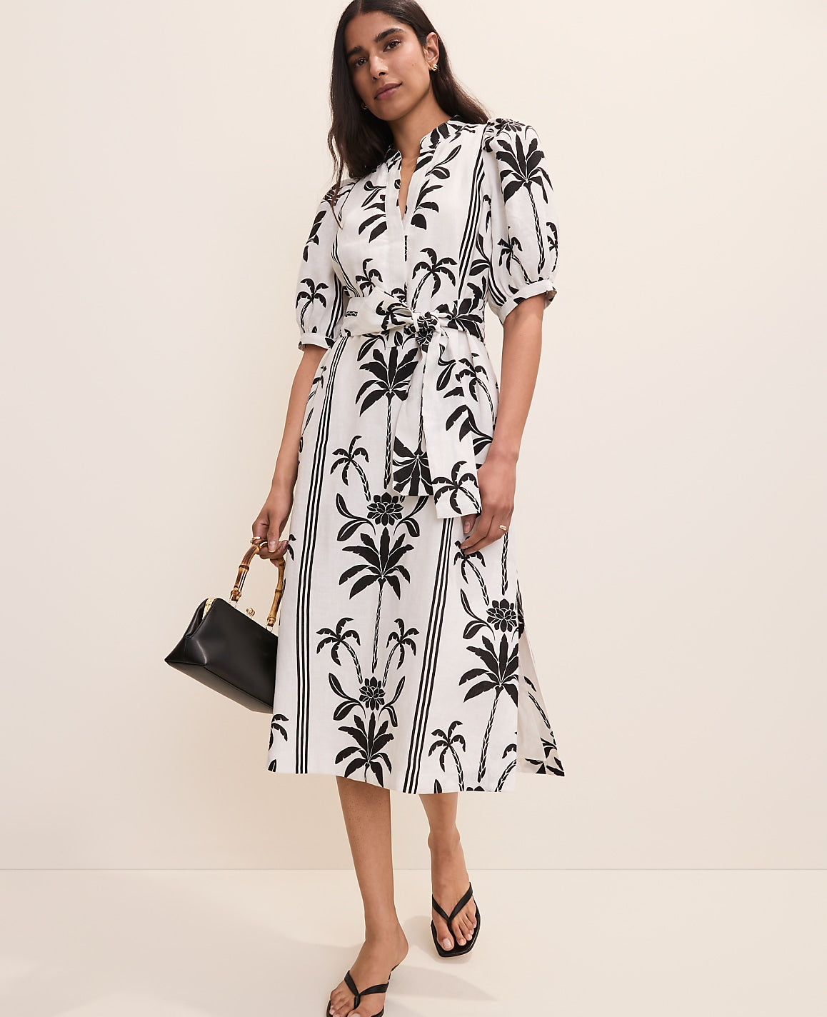 Ann Taylor Black Palm Tree Print Midi Dress in Linen