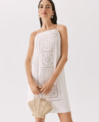 Ann Taylor White Embroidered Shift Dress in Linen Blend