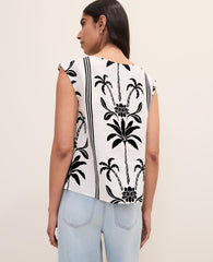 Ann Taylor Black Floral Crew Neck Top in Linen