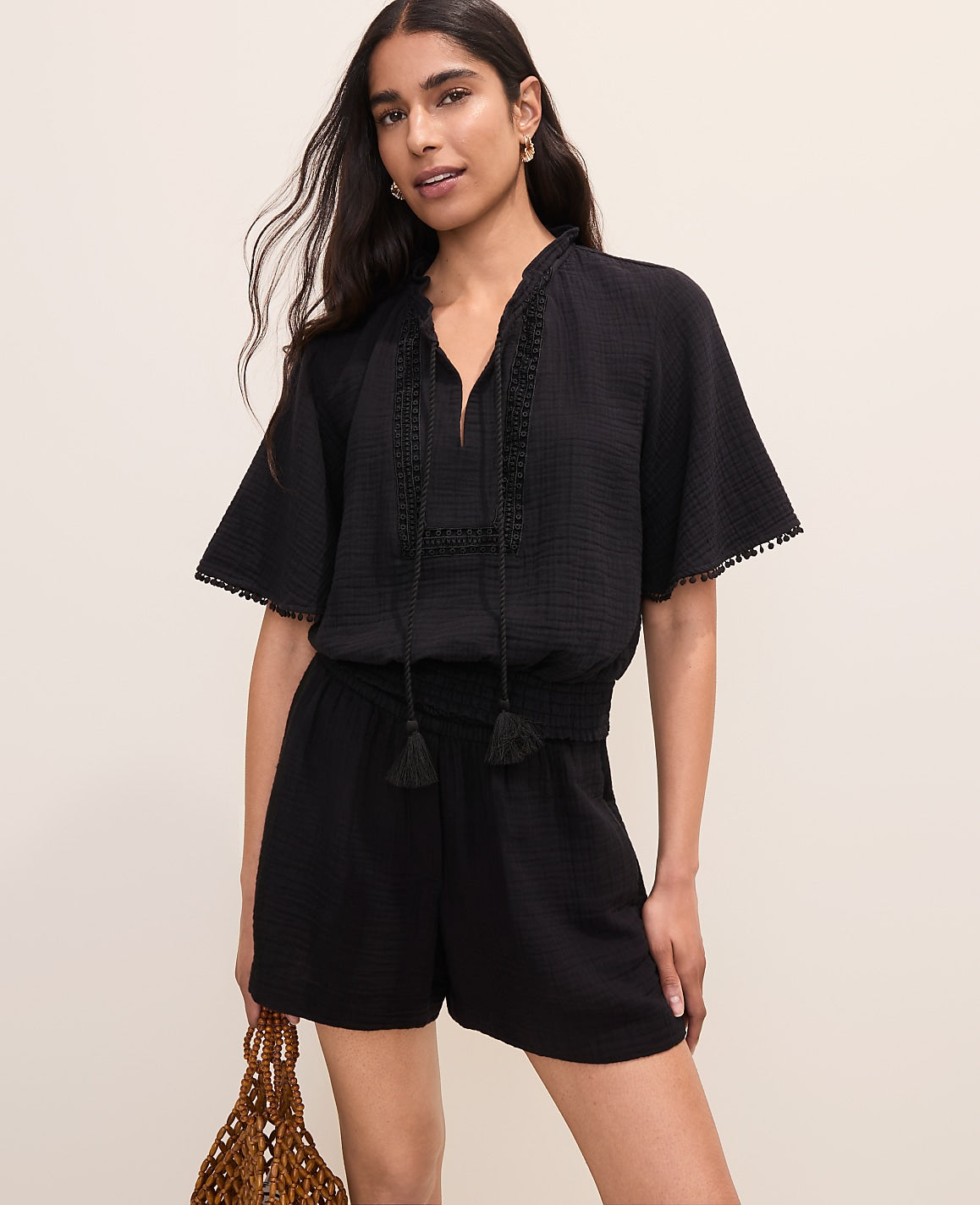 Ann Taylor Black Smocked Bobble Trim Blouse