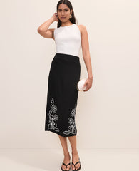Ann Taylor Black Embroidered Column Midi Skirt