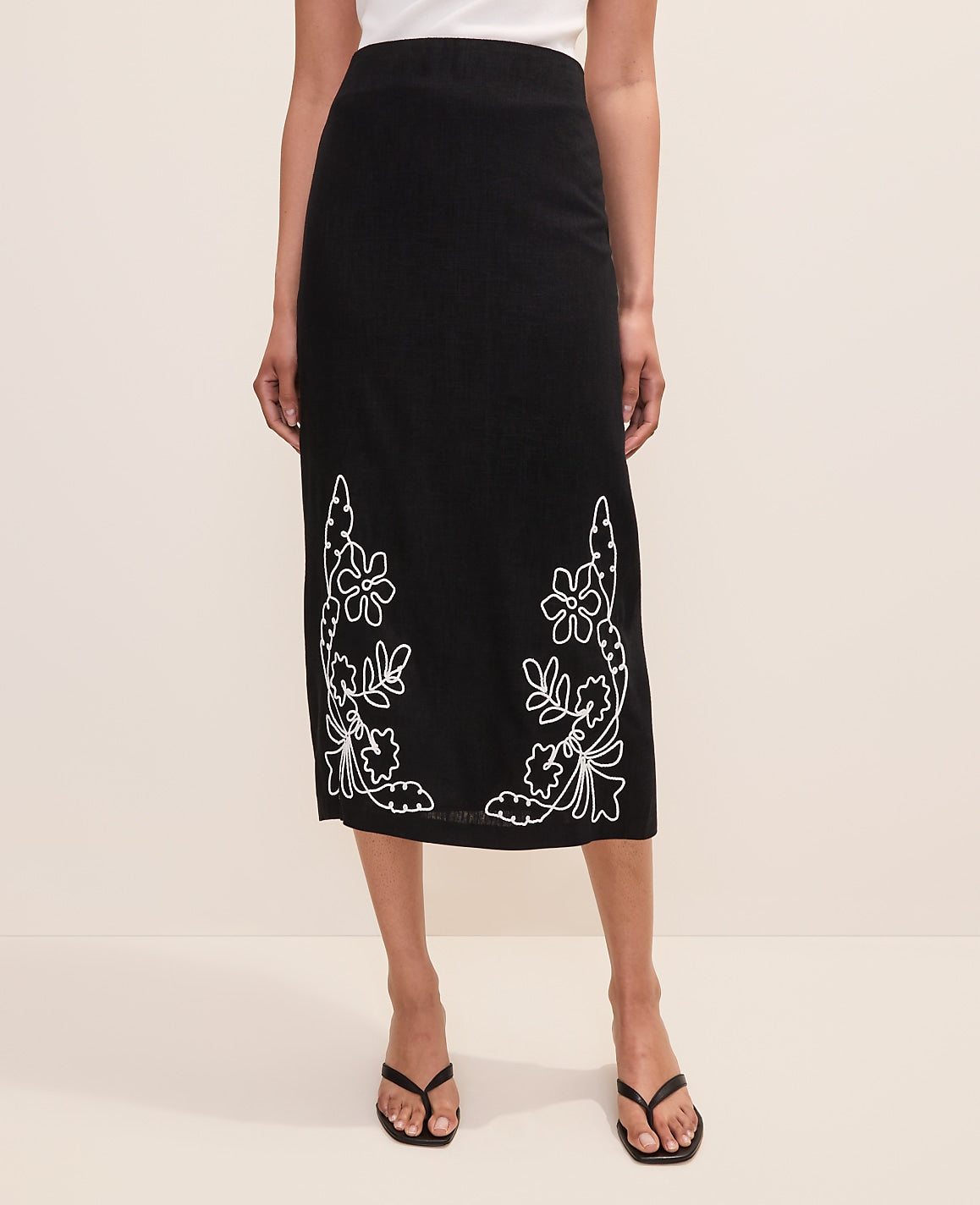 Ann Taylor Black Embroidered Column Midi Skirt