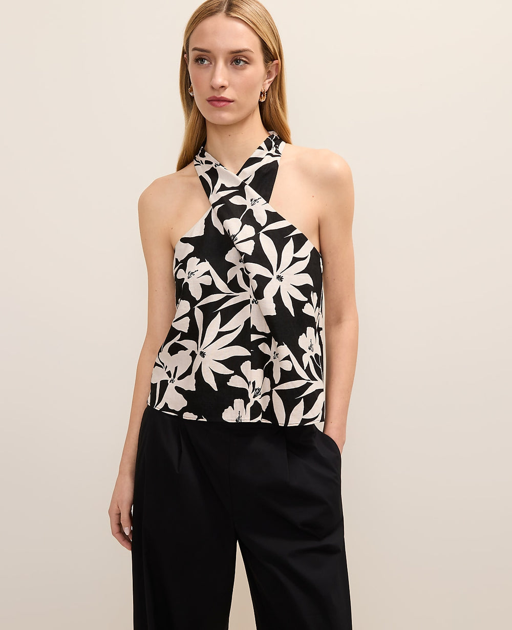 Ann Taylor Black Floral Twist Halter Top in Linen Blend