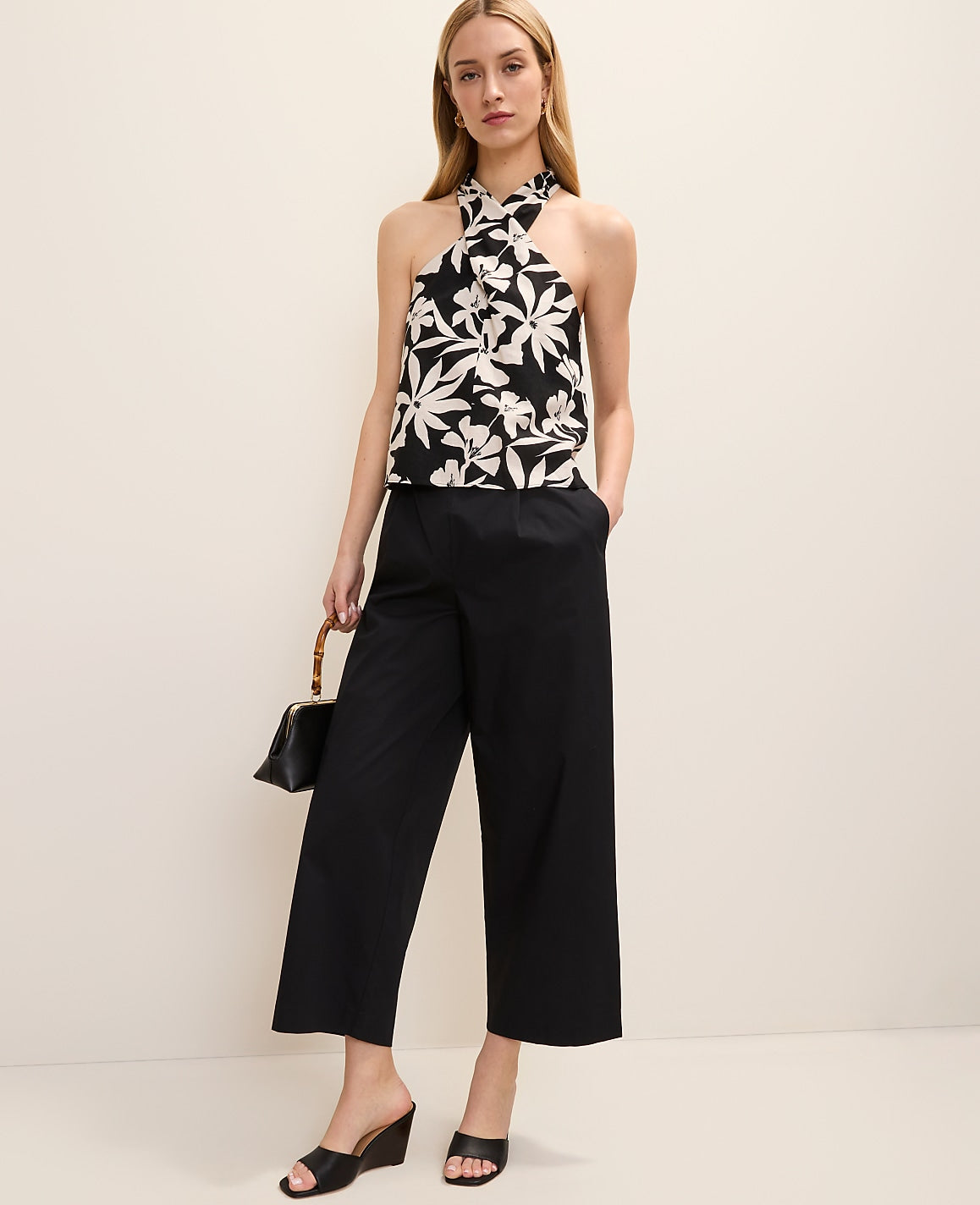 Ann Taylor Black Floral Twist Halter Top in Linen Blend