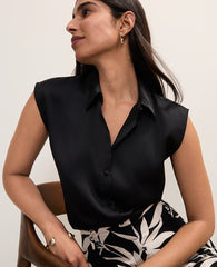 Ann Taylor Black Collared Satin Blouse