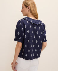 Ann Taylor Winter Blue Weekend Geo Ruffle Trim Blouse