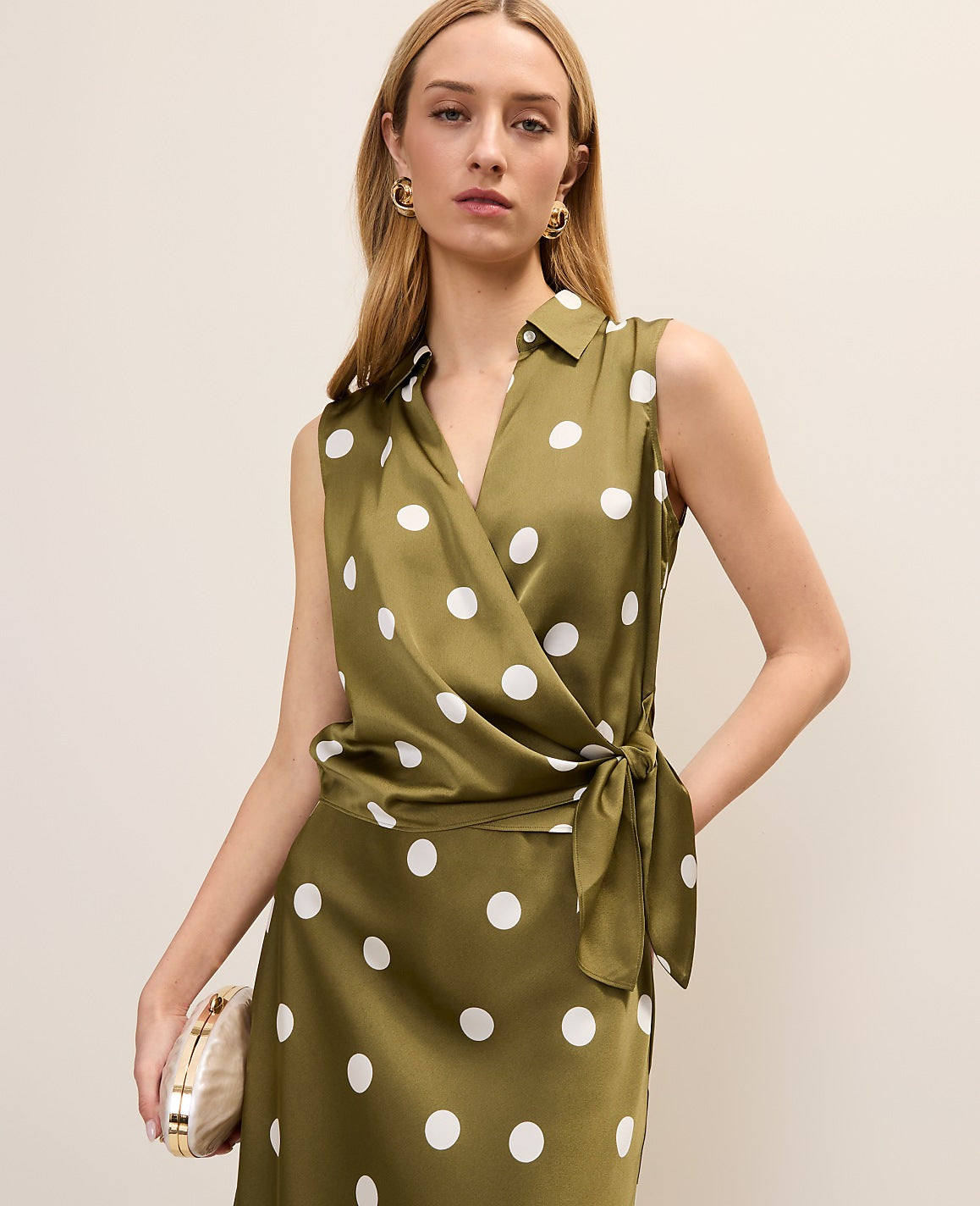 Ann Taylor Moss Green Dotted Tie Waist Blouse