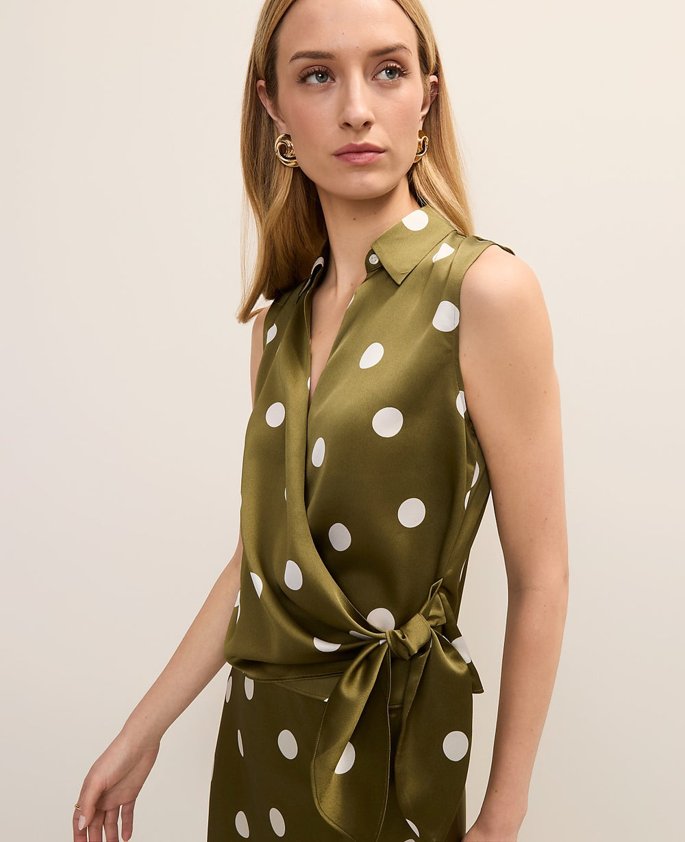 Ann Taylor Moss Green Dotted Tie Waist Blouse