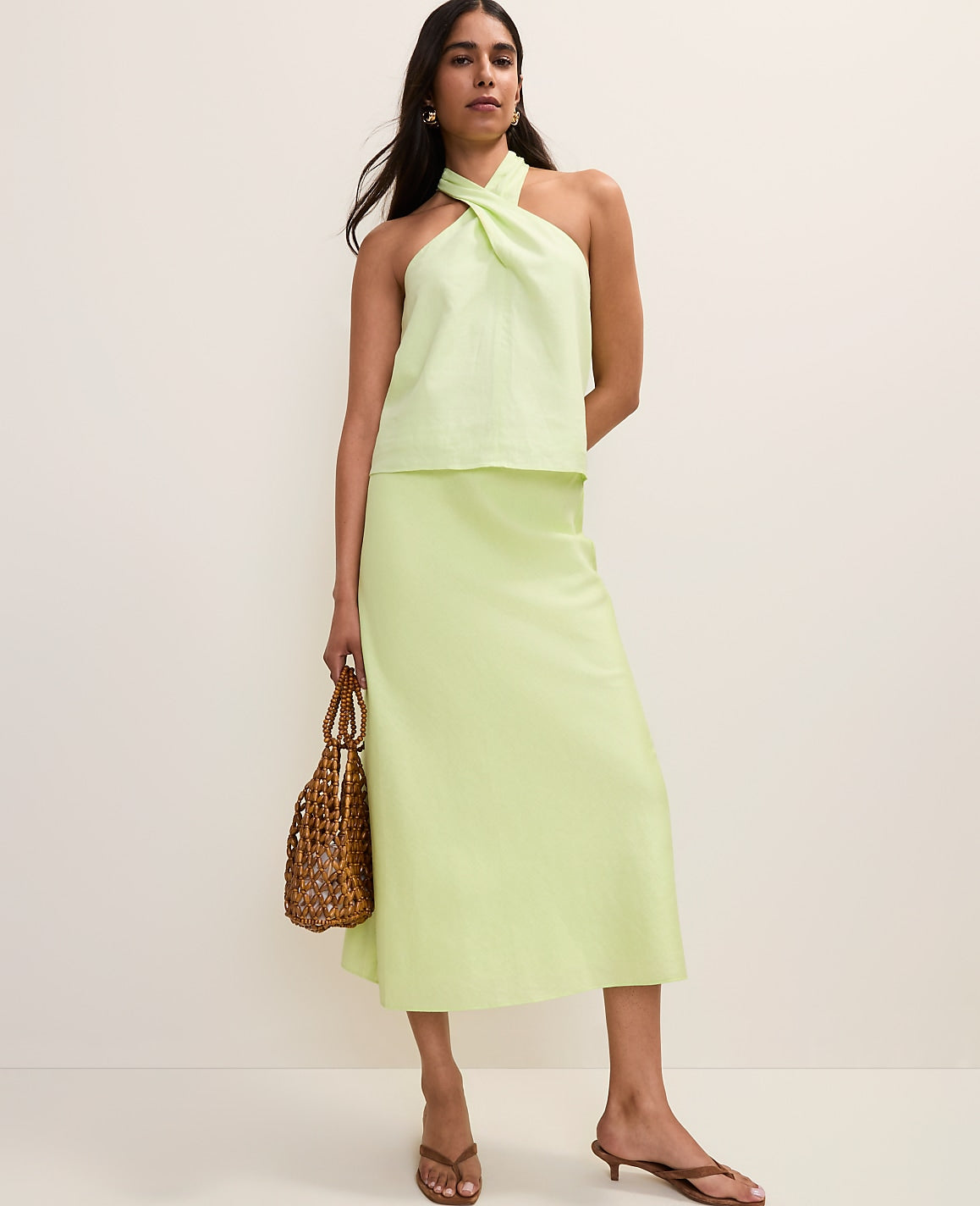 Ann Taylor Lime Slice Bias Midi Slip Skirt in Linen Blend