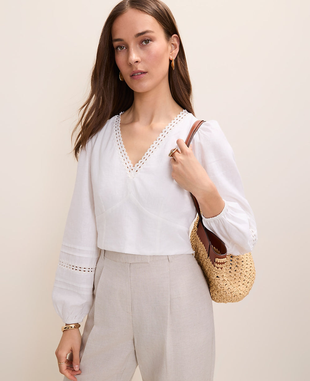 Ann Taylor White Embroidered V-Neck Blouse in Linen Blend