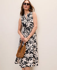 Ann Taylor Black Floral Belted Flare Midi Dress