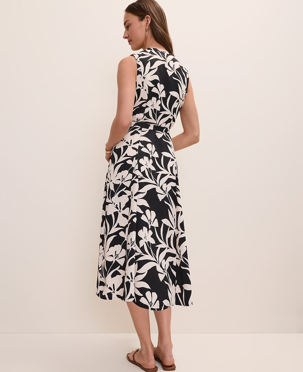 Ann Taylor Black Floral Belted Flare Midi Dress
