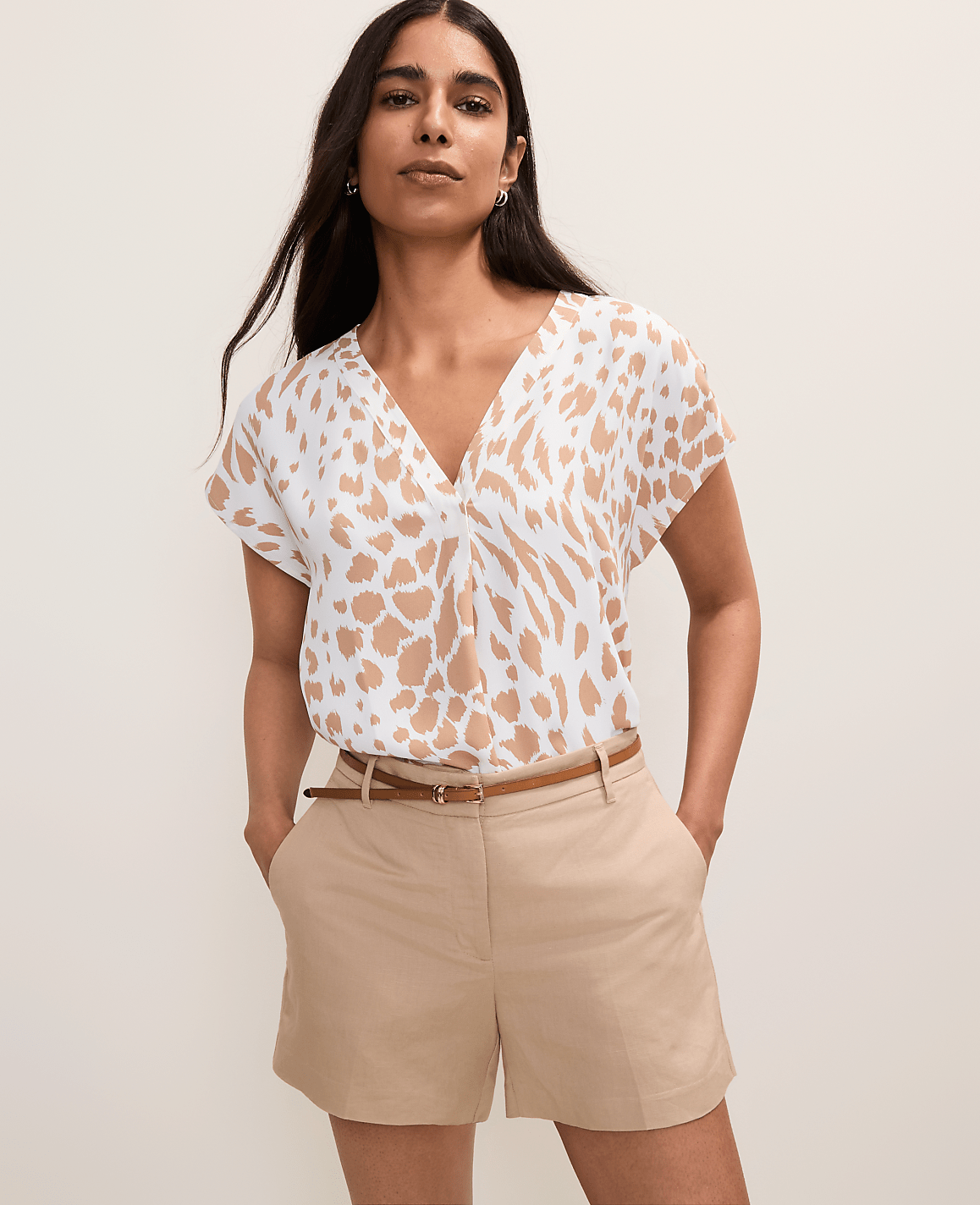 Ann Taylor Cafe Au Lait Animal Print Pleat Front Top