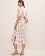 Ann Taylor Cafe Au Lait Animal Print Puff Sleeve Midi Dress
