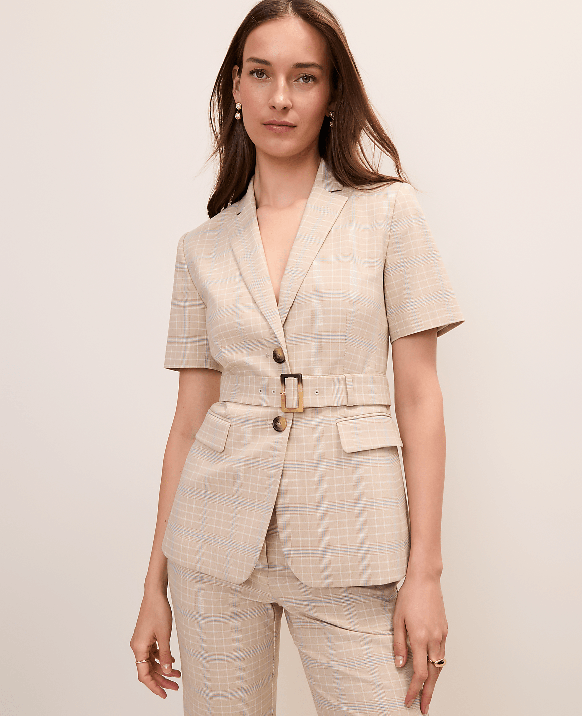 Ann Taylor Mixed Level Neutral The Belted Greenwich Blazer in Plaid