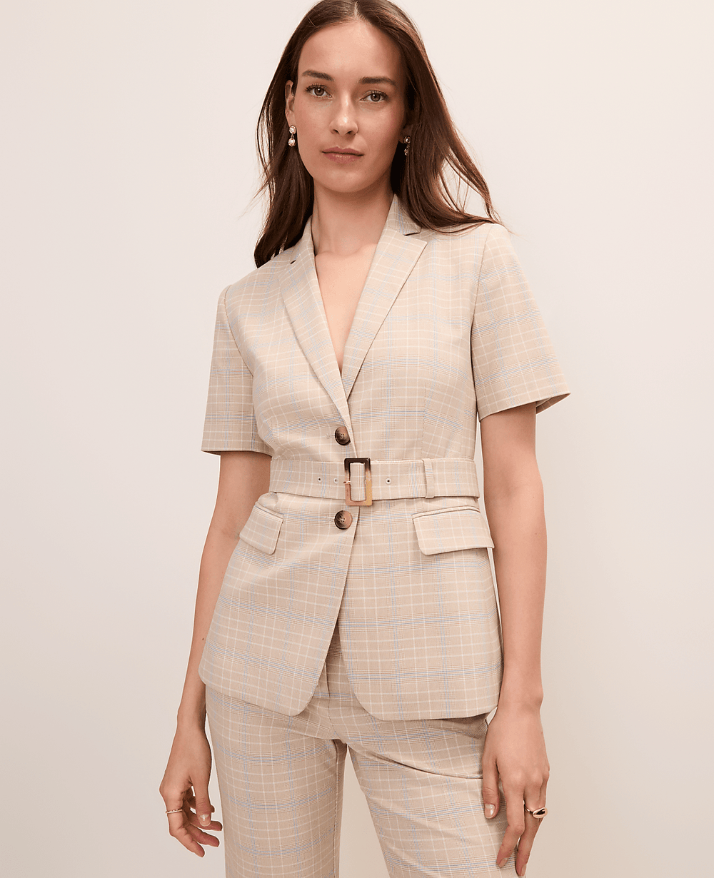 Ann Taylor Mixed Level Neutral The Belted Greenwich Blazer in Plaid